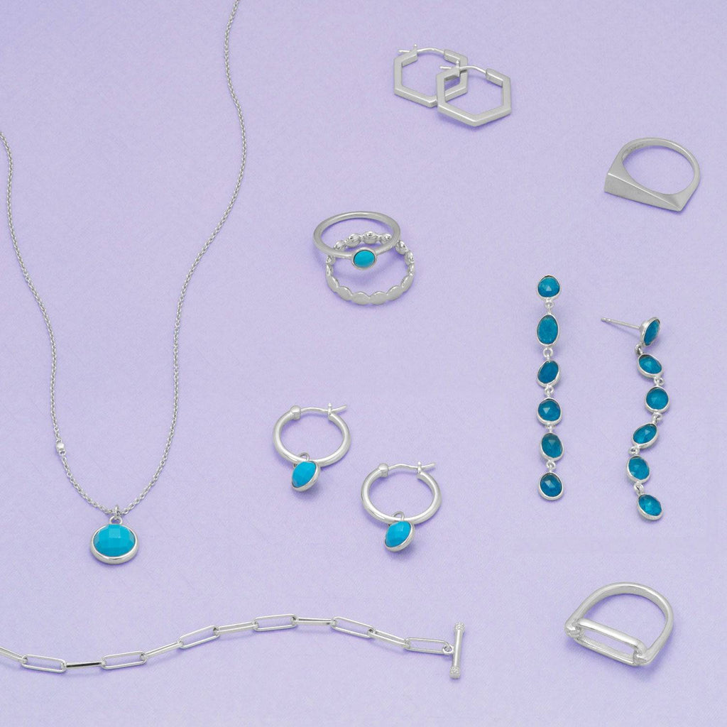 Rhodium Plated Hoop Earrings with Faceted Turquoise Charm - Matador Diamond