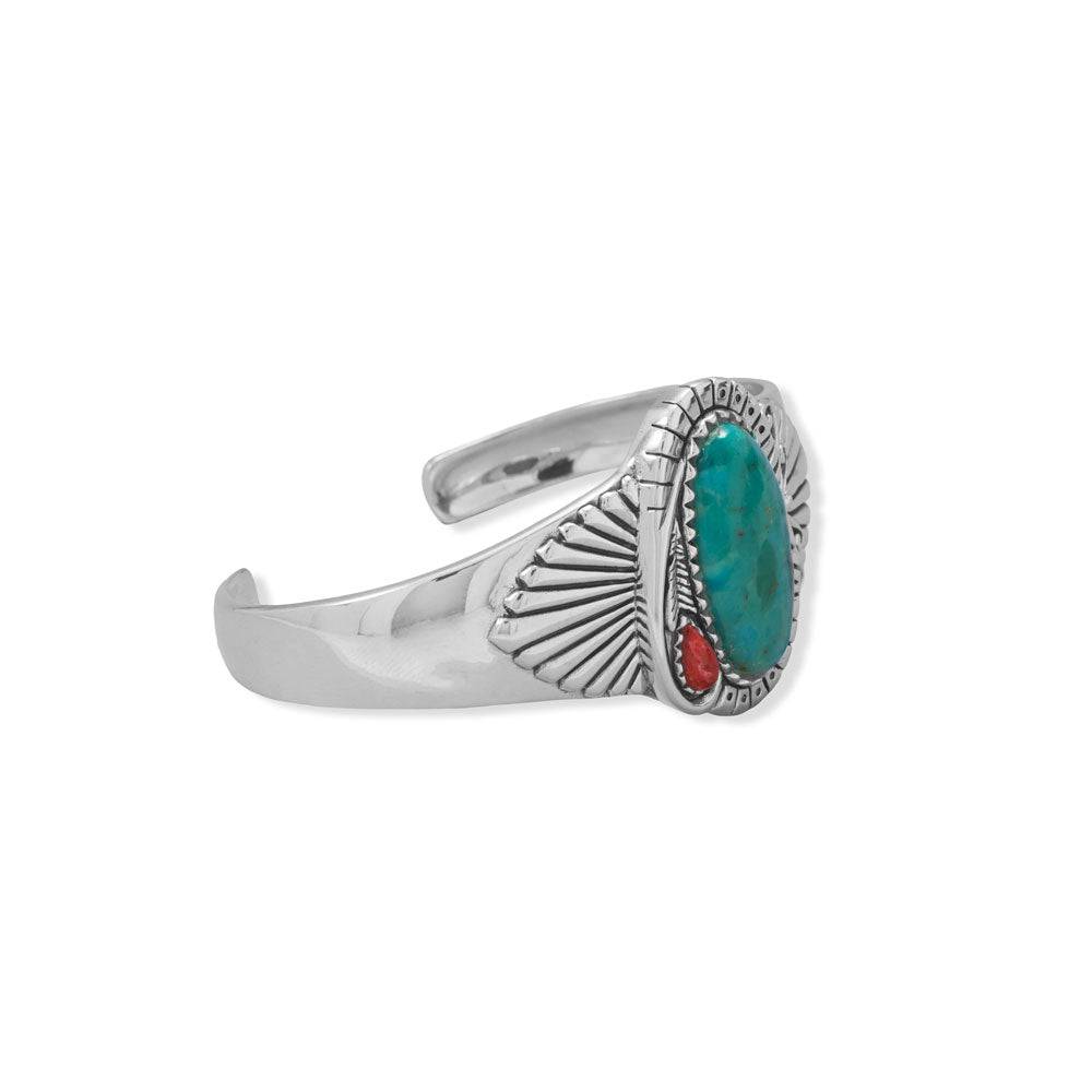 Turquoise and Sponge Coral Fan Design Cuff Bracelet - Matador Diamond