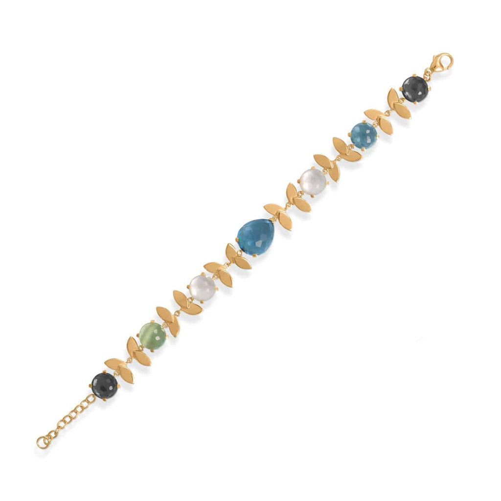6.5" + 1" Lovely Leaves! 14 Karat Gold Plated Multi Stone Bracelet - Matador Diamond