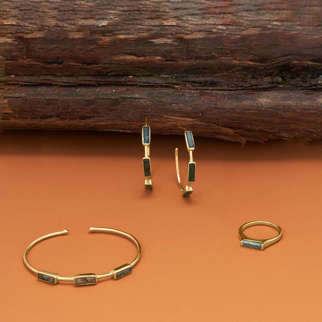 14 Karat Gold Plated Moss Agate Hoop Earrings - Matador Diamond