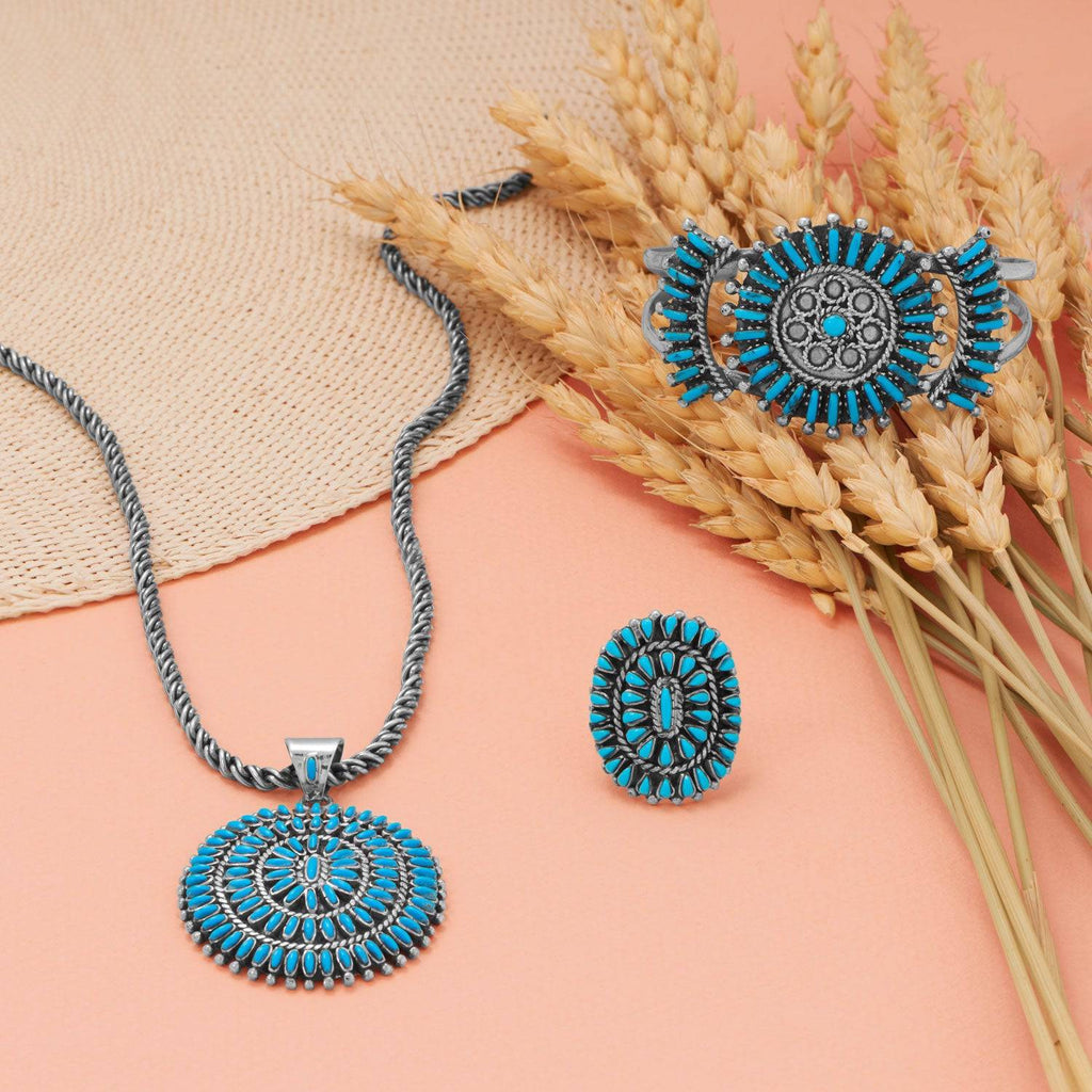 Handmade Oxidized Sunburst Turquoise Ring - Matador Diamond