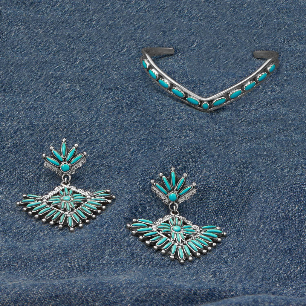 Handmade Oxidized Turquoise Chandelier Fan Design Earrings - Matador Diamond