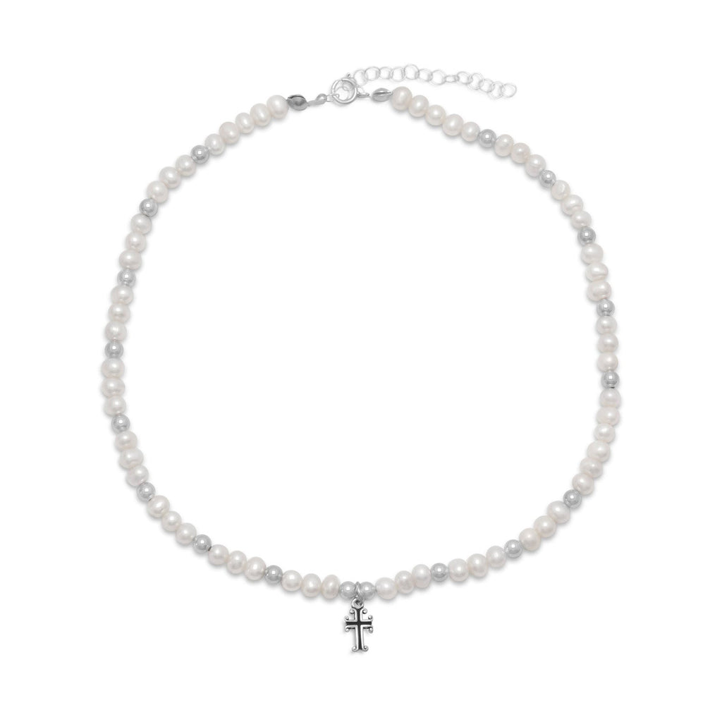 13" +2" Extension White Cultured Freshwater Pearl and Silver Bead Necklace with Cross Drop