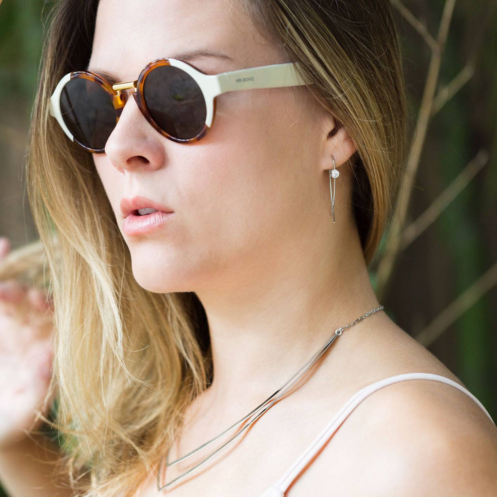 Rhodium Plated Thin Wire with Bezel CZ Earrings - Matador Diamond