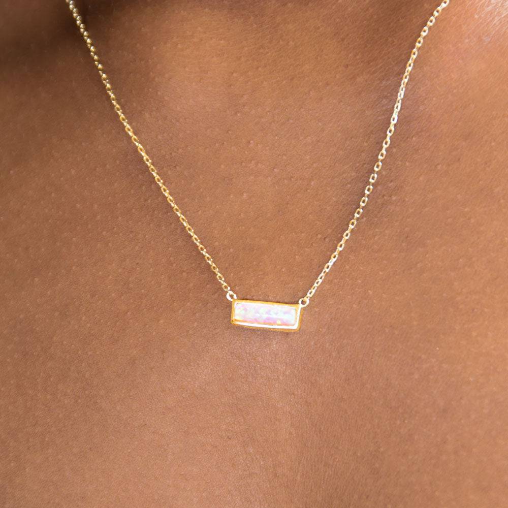14 Karat Gold Plated Mini Synthetic Pink Opal Bar Necklace - Matador Diamond