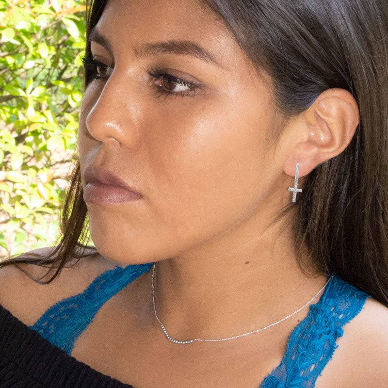 Rhodium Plated Hoop Earrings with CZ Cross - Matador Diamond