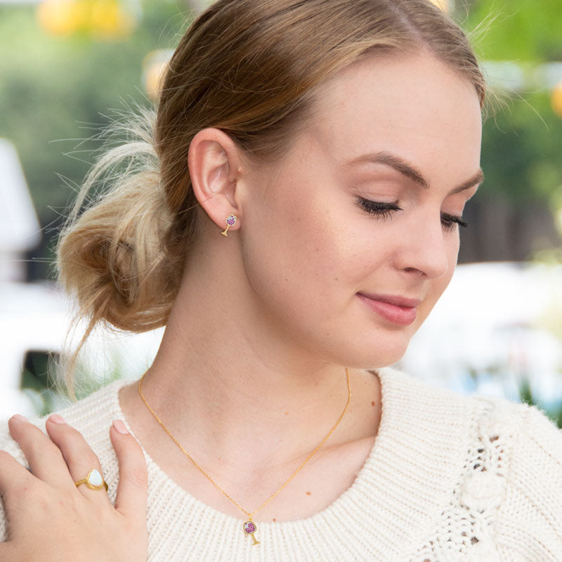 14 Karat Gold Plated CZ Red Wine Glass Stud Earrings - Matador Diamond