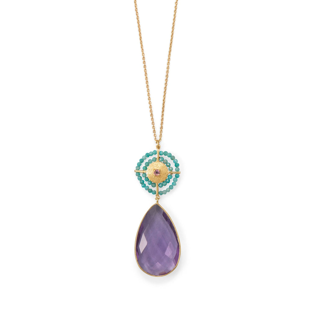 32" 14 Karat Gold Plated Amethyst and Amazonite Necklace - Matador Diamond