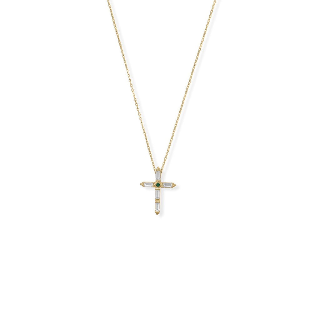 Bodacious Baguettes! 16" + 2" White and Green CZ Cross Necklace