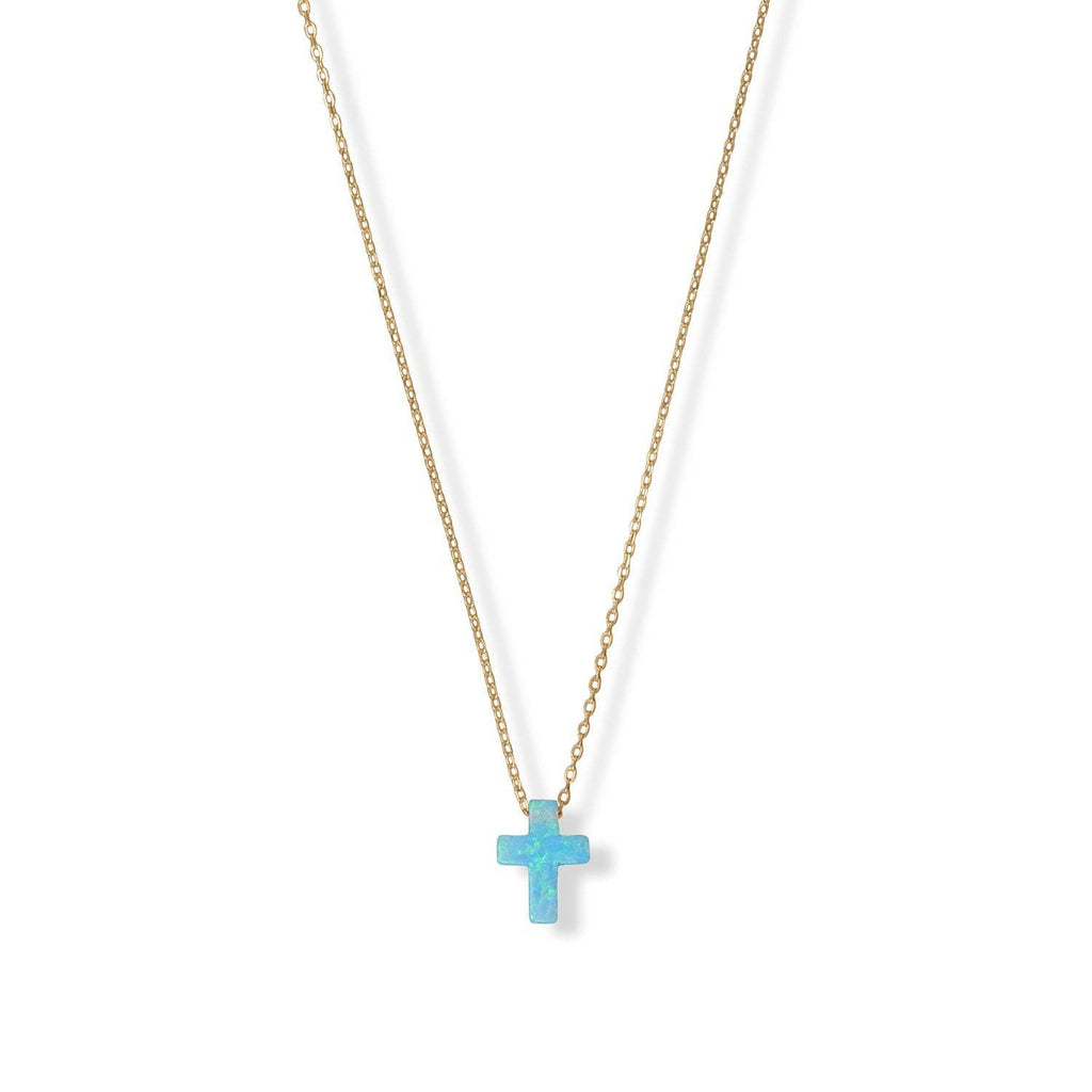 16" + 2" 14 Karat Gold Plated Synthetic Opal Cross Necklace