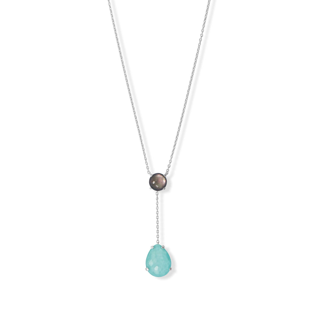 16" + 2" Rhodium Plated Black Mother of Pearl and Turquoise Drop Necklace - Matador Diamond