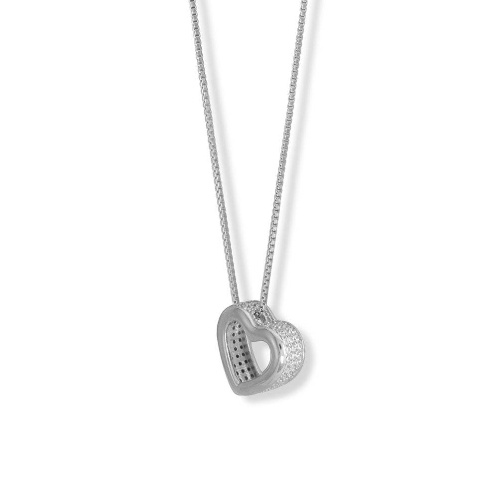 16" + 2" Rhodium Plated CZ Lined Floating Heart Necklace - Matador Diamond