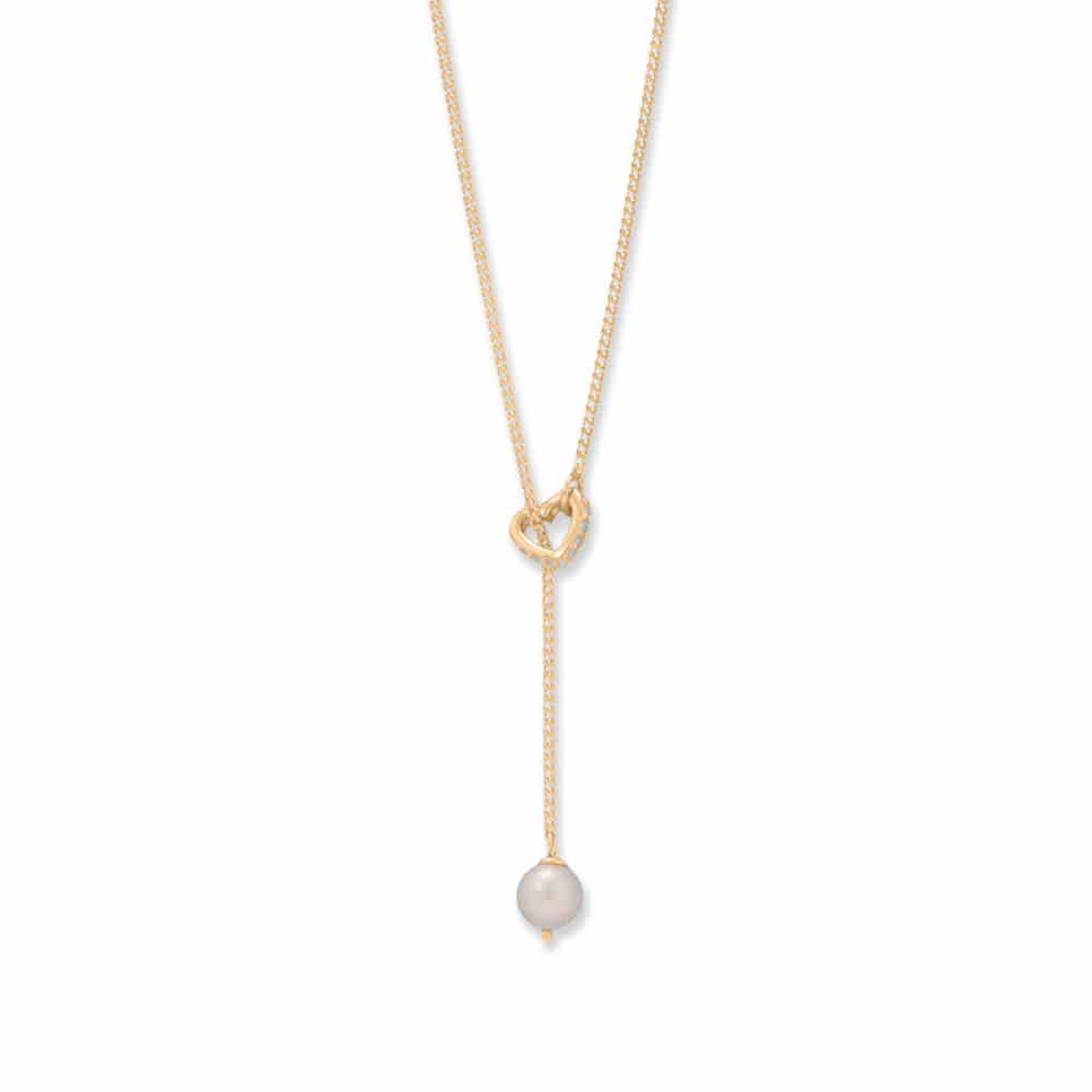 16" + 2" 14 Karat Gold Plated Cultured Freshwater Pearl and CZ Heart Lariat Necklace