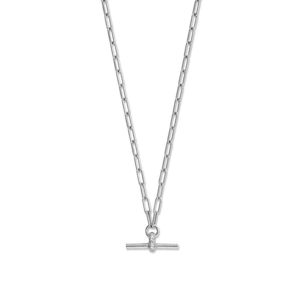 16" + 2" Rhodium Plated CZ Decorated Toggle Bar Necklace
