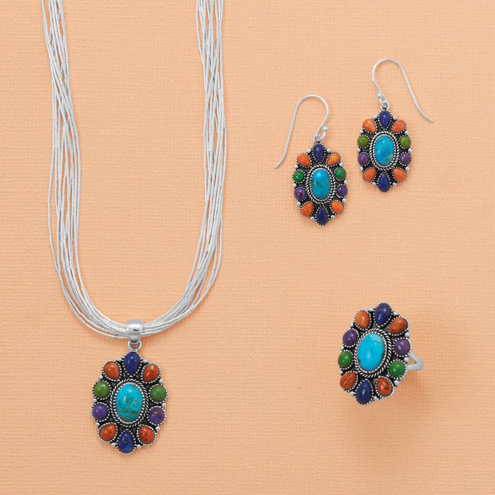 Oxidized Oval Multi Stone Flower Pendant - Matador Diamond