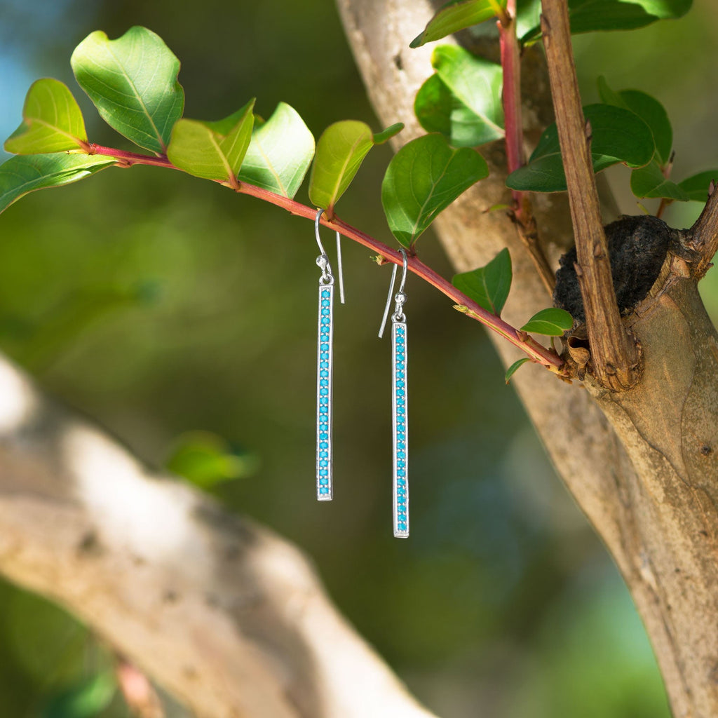 Rhodium Plated Nano Turquoise Bar Earrings - Matador Diamond