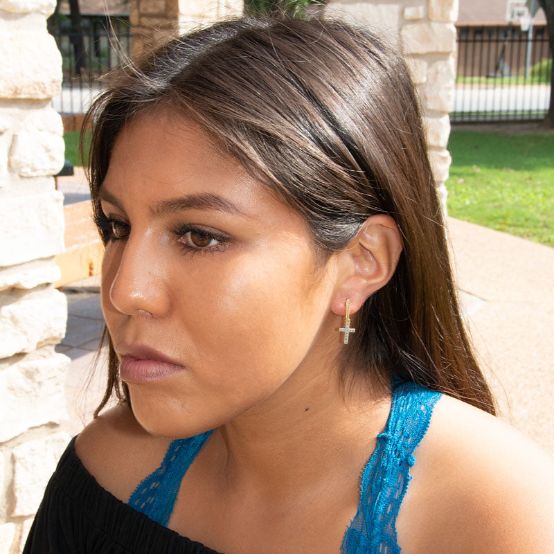 14 Karat Gold Plated Hoop Earrings with CZ Cross - Matador Diamond