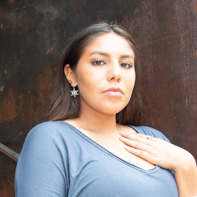 Rhodium Plated 6 Point CZ Snowflake French Wire Earrings - Matador Diamond