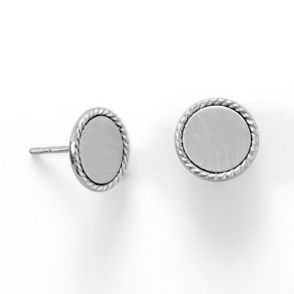 Engravable Rhodium Plated Rope Edge Disk Stud Earrings