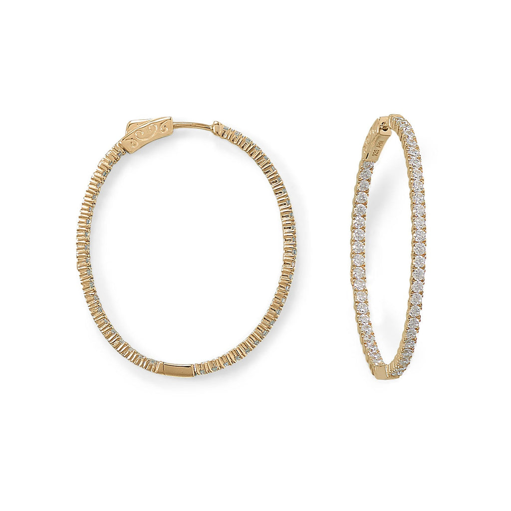 14 Karat Gold Plated Oval In/Out CZ Hoop Earrings