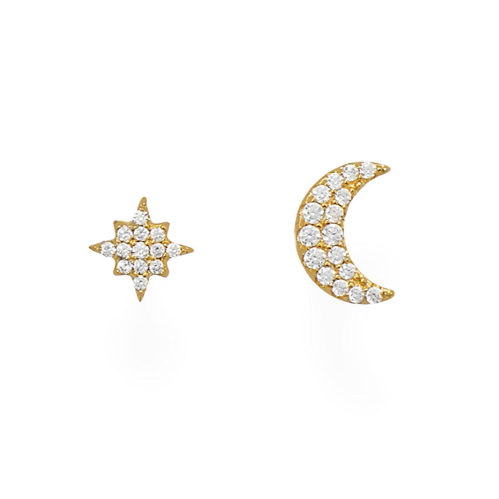 14 Karat Gold Plated CZ Moon and Star Stud Earrings - Matador Diamond