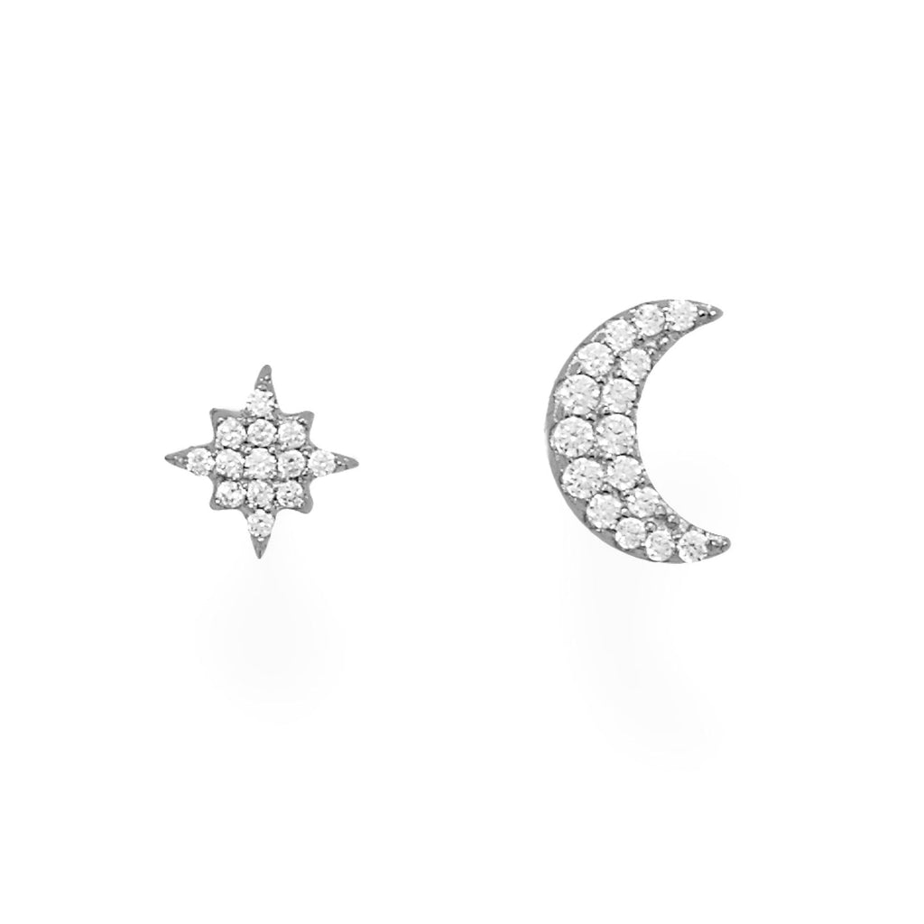 Rhodium Plated CZ Moon and Star Stud Earrings - Matador Diamond