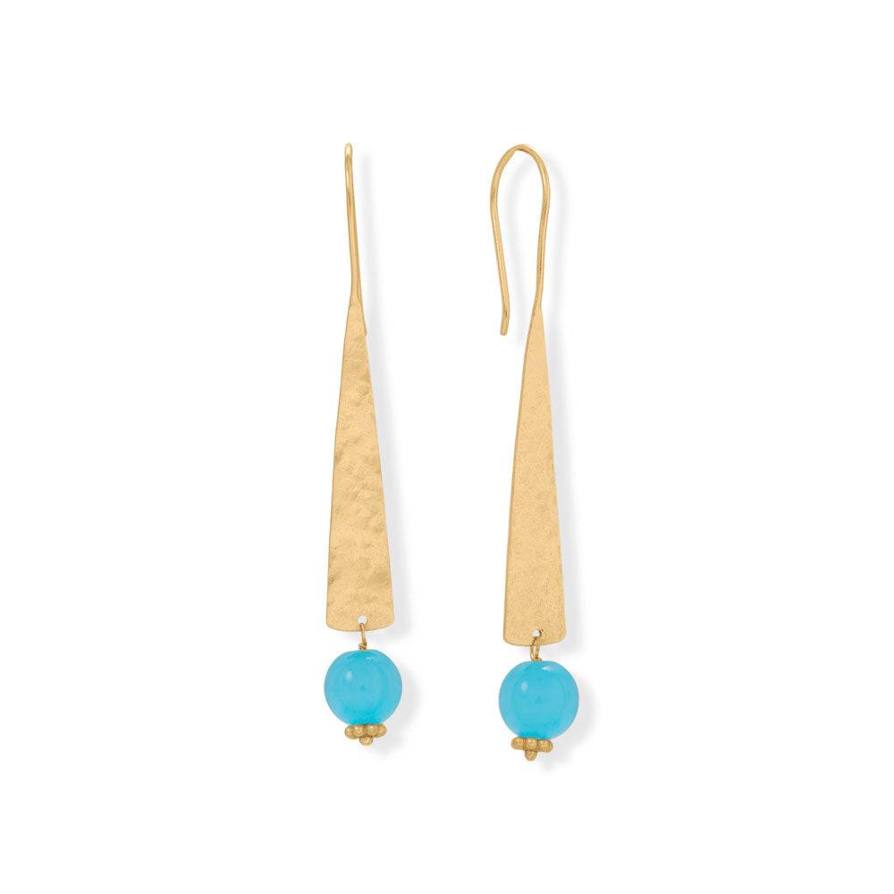 14 Karat Gold Plated Long Hammered Aqua Chalcedony Earrings