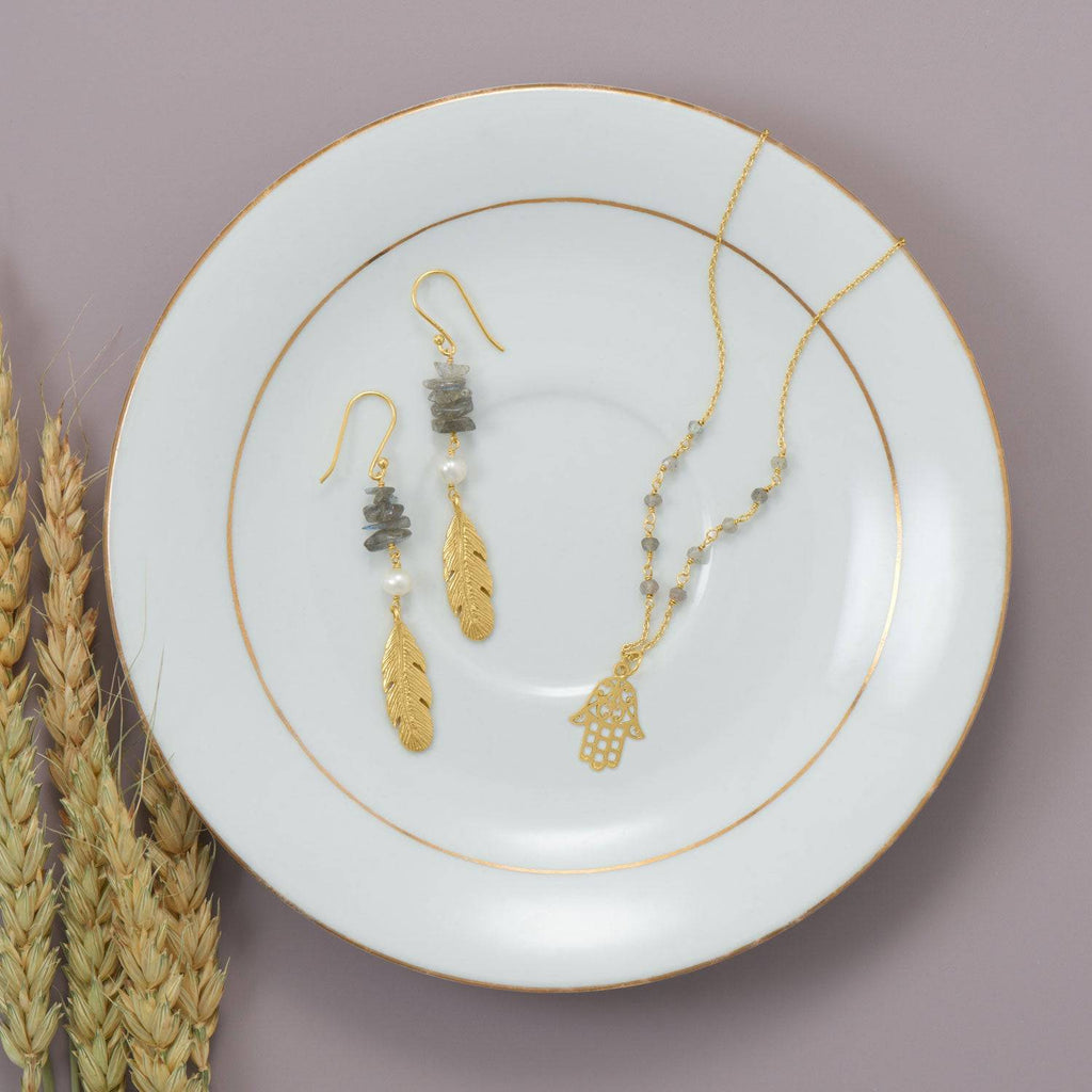 Cultured Freshwater Pearl and Labradorite Feather Earrings - Matador Diamond