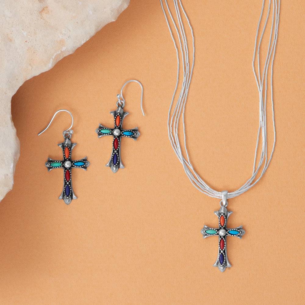 Oxidized Marquise Multicolor Stone Cross Earrings - Matador Diamond