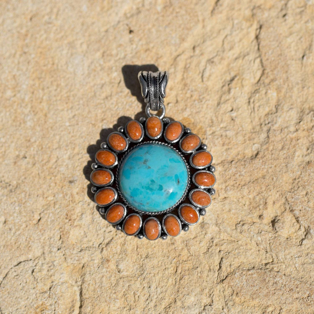 Reconstituted Turquoise and Coral Sunburst Pendant - Matador Diamond