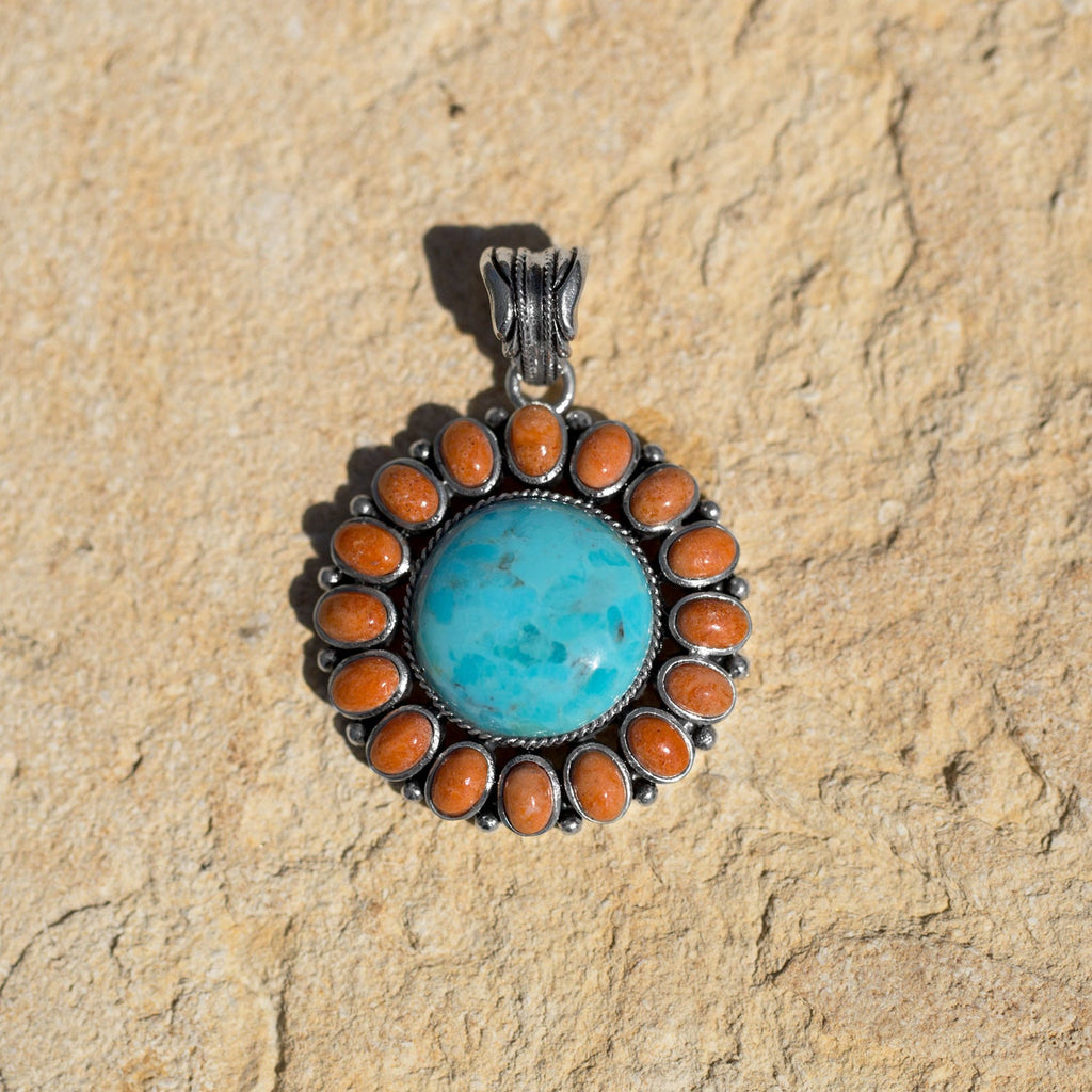 Reconstituted Turquoise and Coral Sunburst Pendant - Matador Diamond
