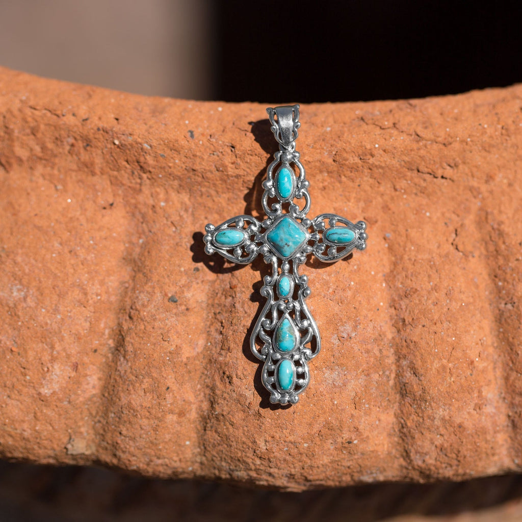Ornate Oxidized Reconstituted Turquoise Cross Pendant - Matador Diamond