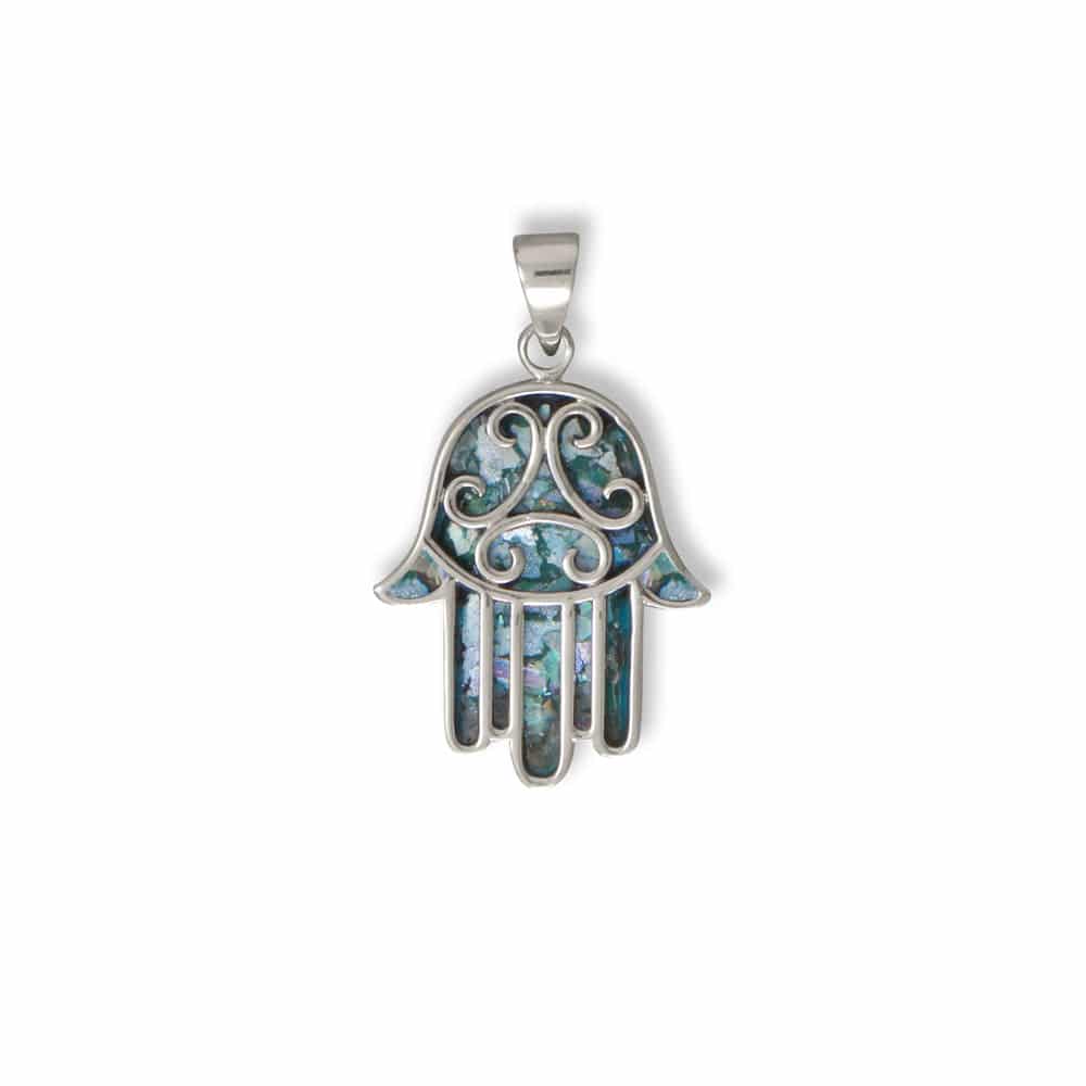 Oxidized Roman Glass Hamsa Pendant