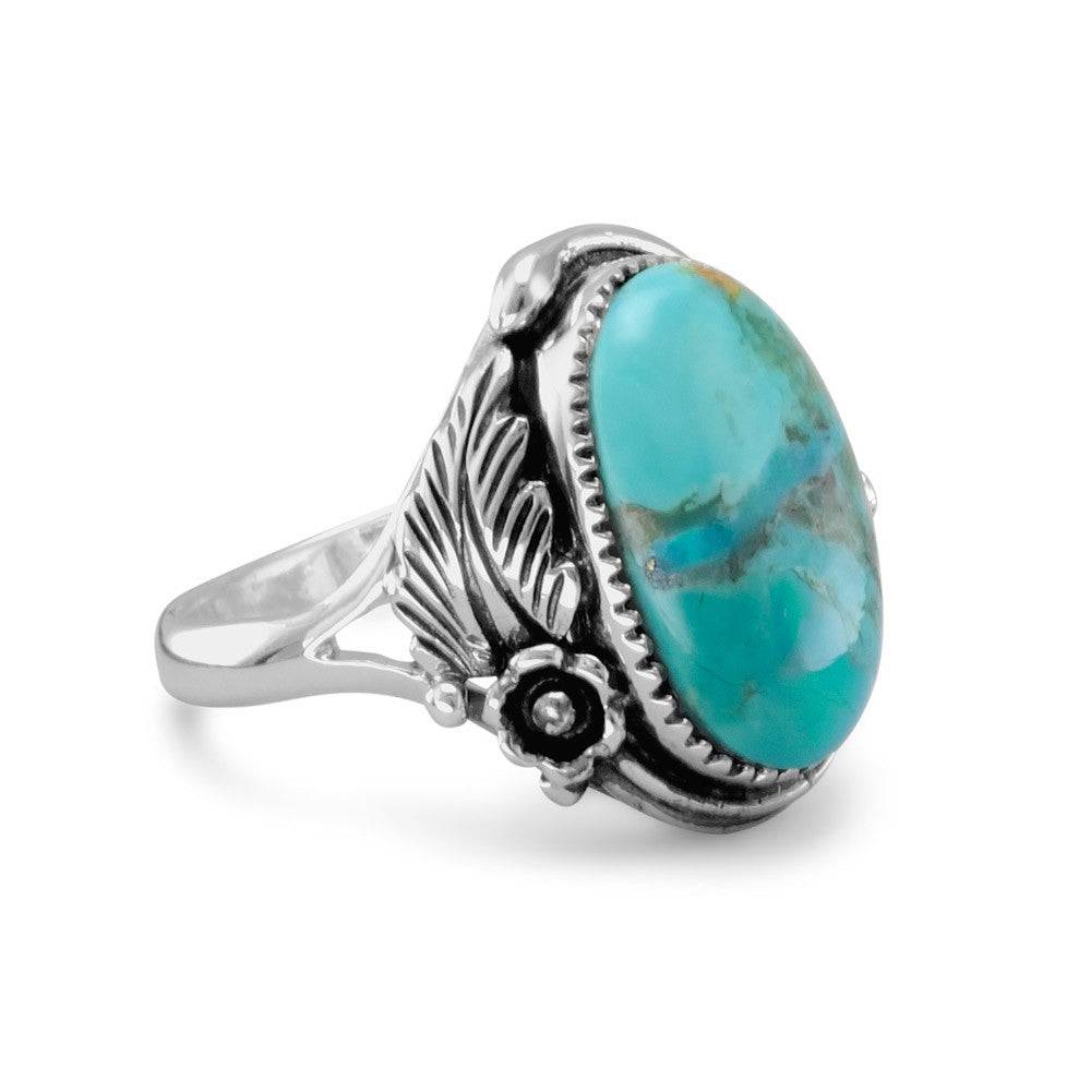 Oval Reconstituted Turquoise Floral Design Ring - Matador Diamond