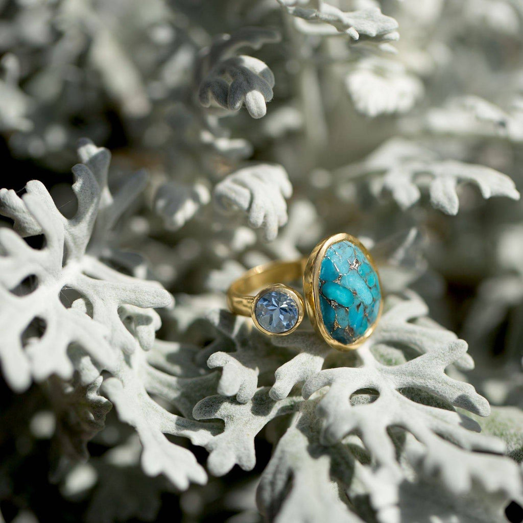 14 Karat Gold Plated Ring with Blue Topaz and Turquoise - Matador Diamond