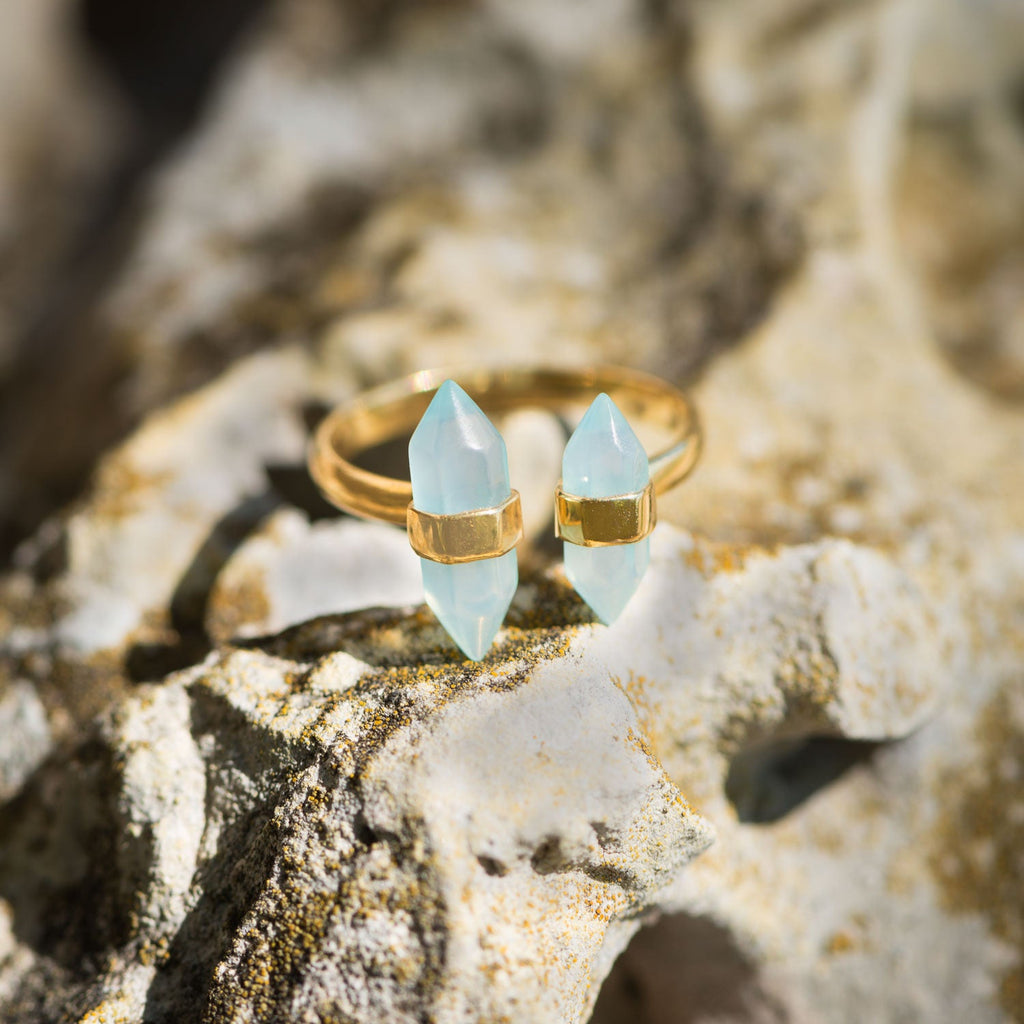 14 Karat Gold Plated Spike Pencil Cut Aqua Chalcedony Split Ring - Matador Diamond
