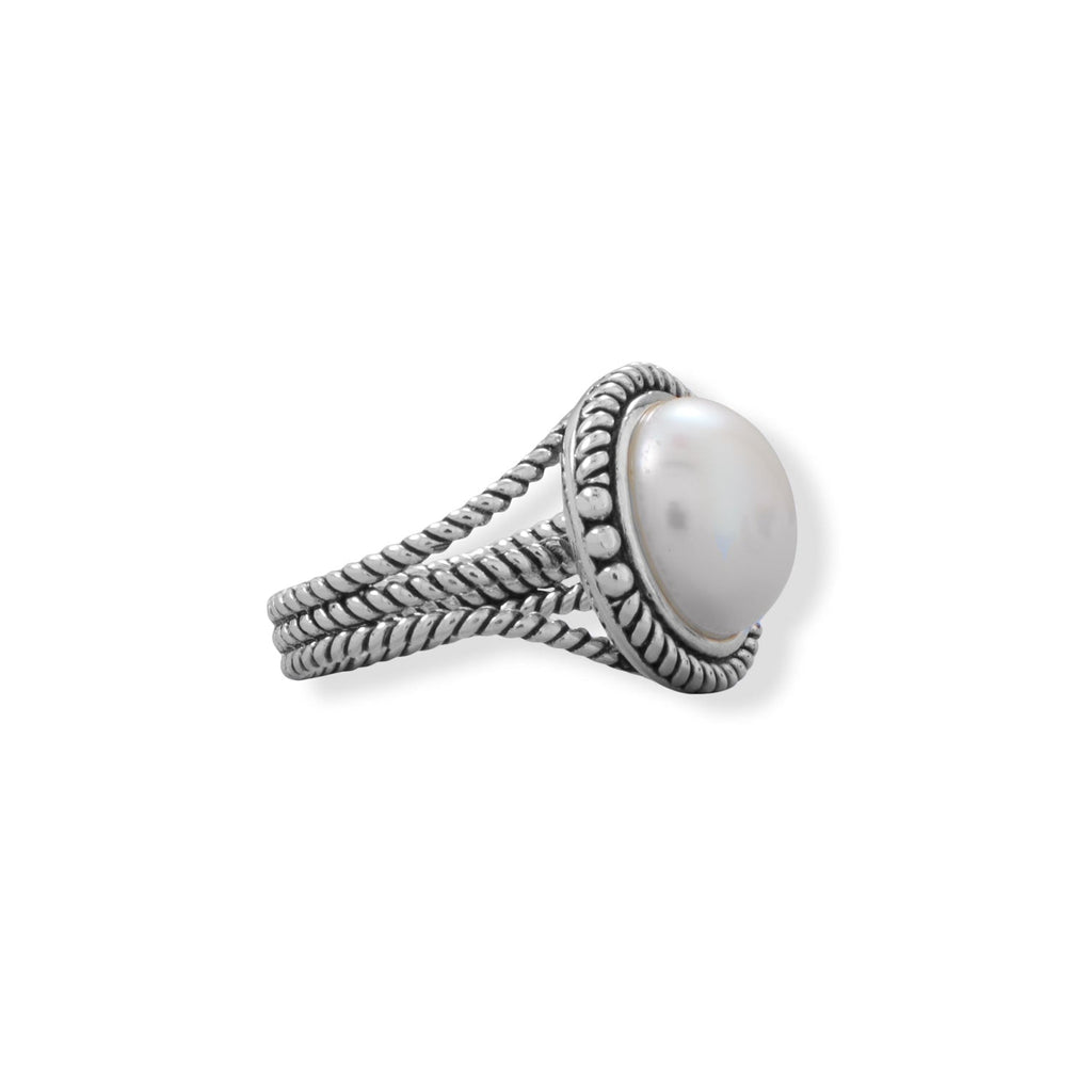 Oxidized Rope Edge and Cultured Freshwater Pearl Ring - Matador Diamond
