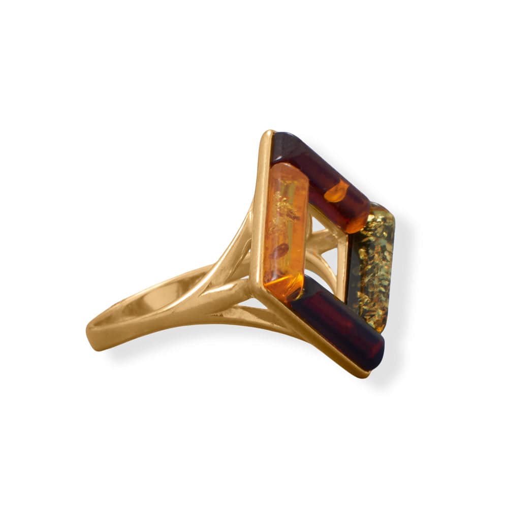 24 Karat Gold Plated Square Multi Color Baltic Amber Ring - Matador Diamond
