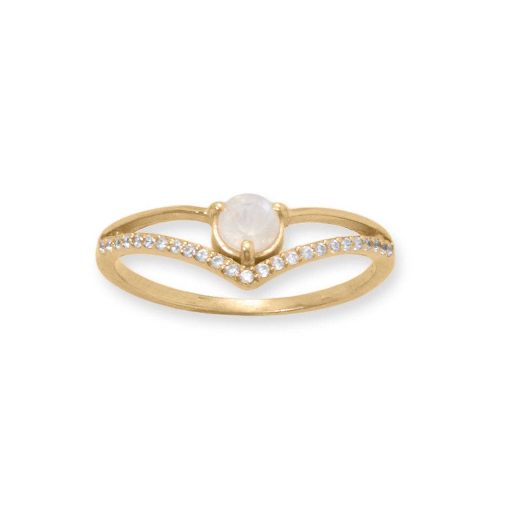 14 Karat Gold Plated CZ and Rainbow Moonstone "V" Ring