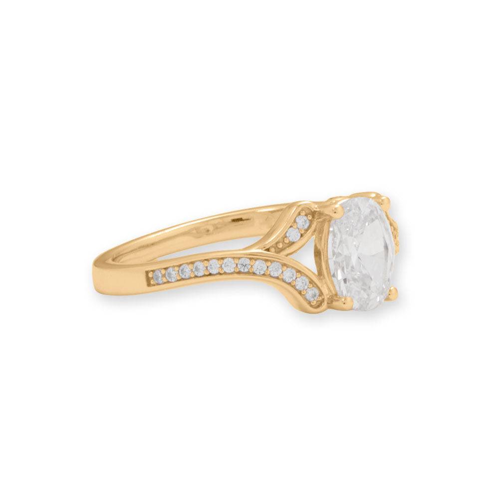14 Karat Gold Plated Solitaire Oval Ring with CZ Band - Matador Diamond