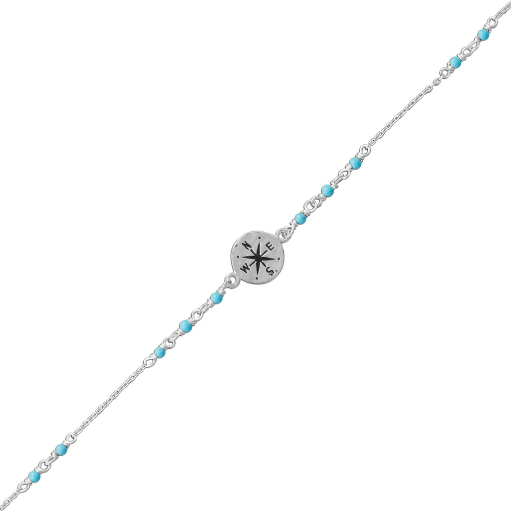 9.25"+.75" Blue Beaded Anklet with Compass Charm - Matador Diamond