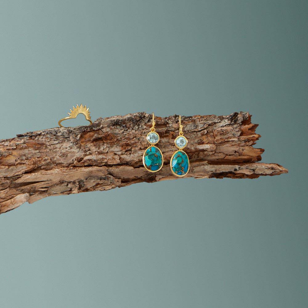 14 Karat Gold Plated Turquoise and Sky Blue Topaz Earrings - Matador Diamond