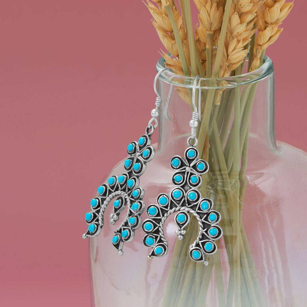 Handmade Oxidized Turquoise Flower and Horseshoe Drop Earrings - Matador Diamond