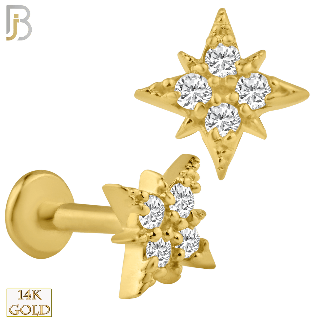 14k Solid Gold North Star with Zircon Internally Threaded Labret - Matador Diamond
