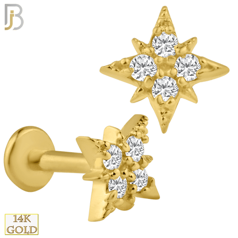14k Solid Gold North Star with Zircon Internally Threaded Labret - Matador Diamond