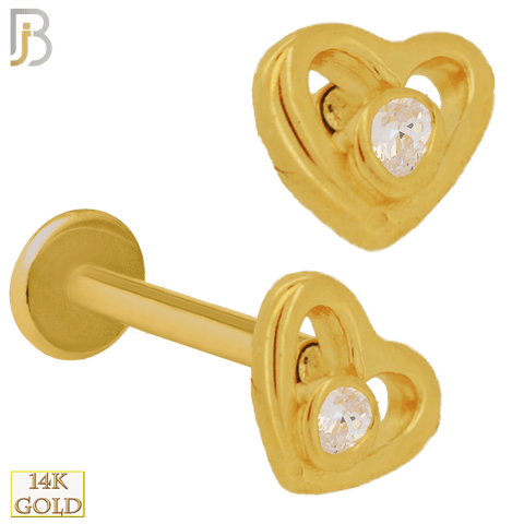 14k Solid Gold Hollow Heart with Center Zircon Bezel Setting Internally Threaded Labret - Matador Diamond