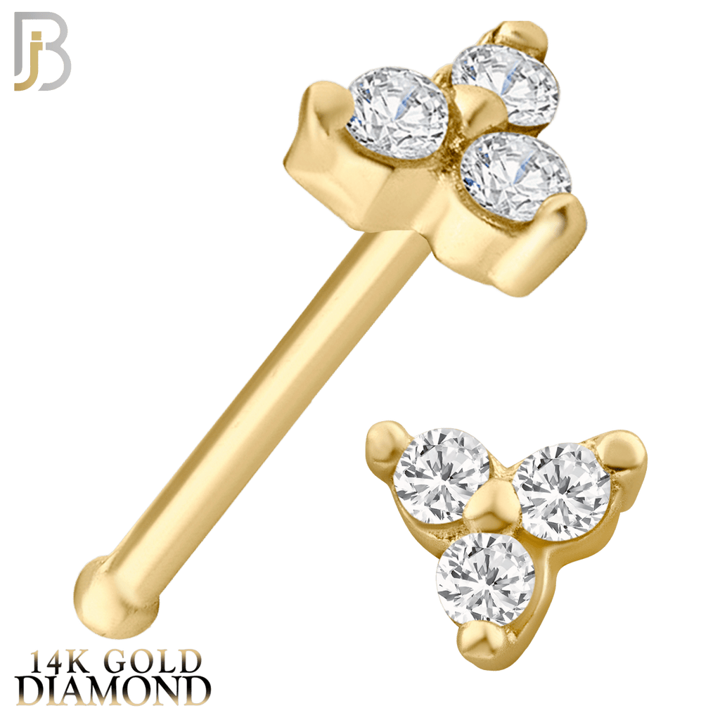 14k Yellow Gold Prong Setting Three Stone Triangle Shape Nose Stud with SI1 Diamonds - Matador Diamond