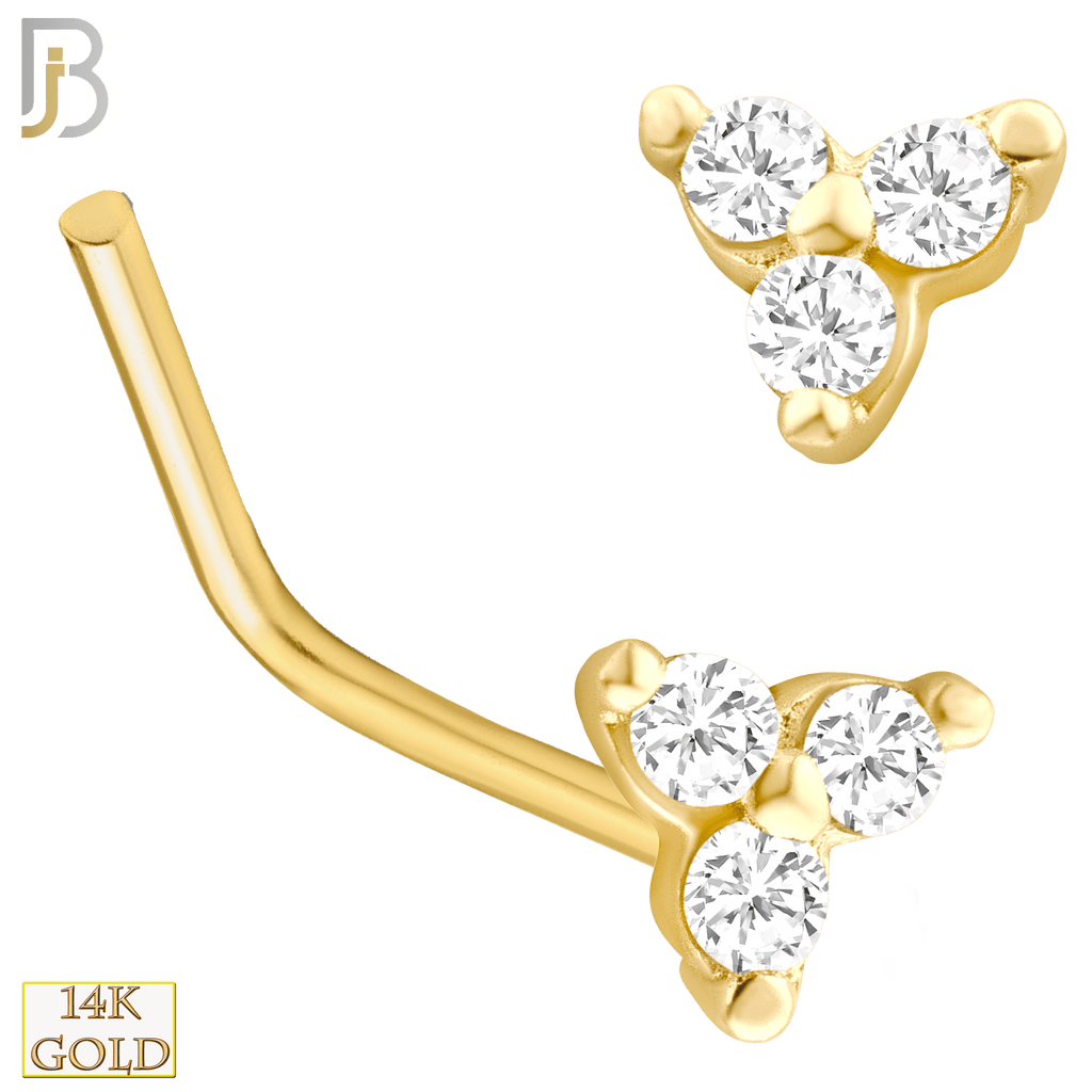 14k Yellow Gold Prong Setting Three Stone Triangle L Shape Nose Stud SI1 / G Diamonds - Matador Diamond