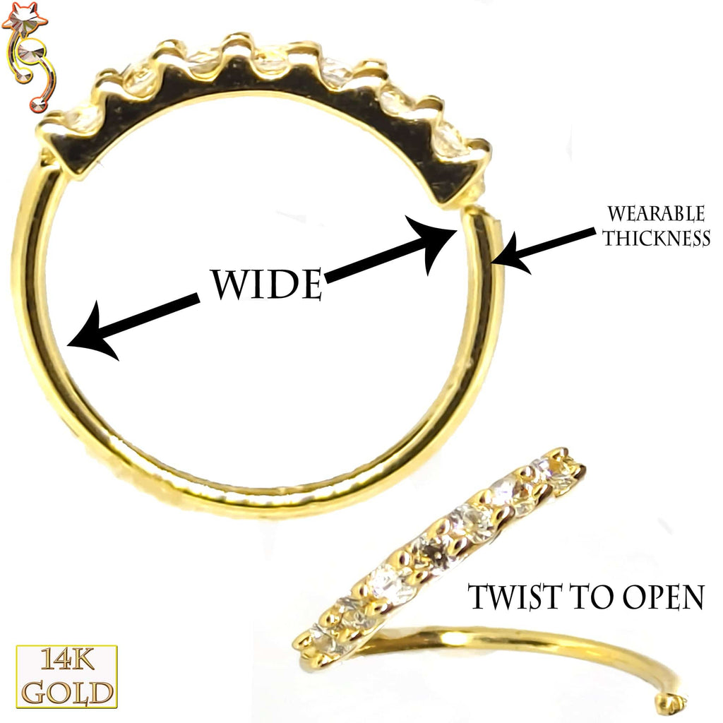 14k Solid Gold Prong Setting 7 Zircon Hoops Piercing Twist top Open - Matador Diamond