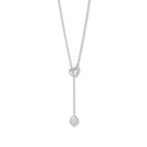 16" + 2" Cultured Freshwater Pearl and CZ Heart Lariat Necklace
